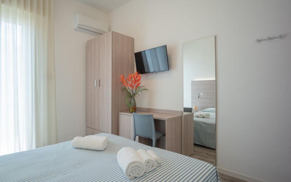 Camera moderna con letto matrimoniale, TV, armadio e fiori decorativi.