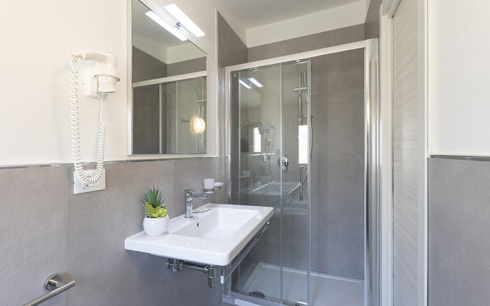 Bagno moderno con doccia, lavabo, specchio, asciugacapelli e pianta decorativa.
