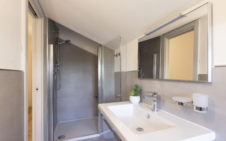 Bagno moderno con doccia, lavabo bianco, specchio e pianta decorativa.